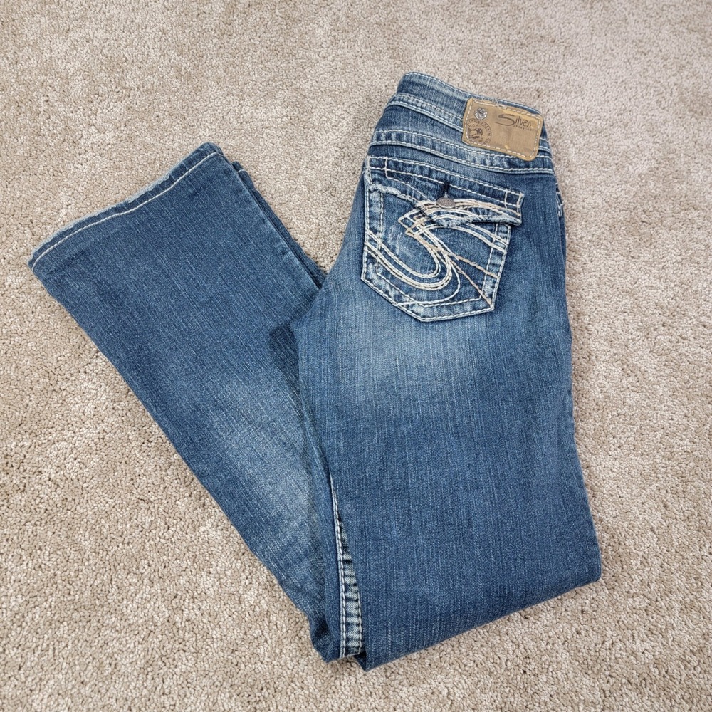 Silver Jeans Co. Women Pioneer Bootcut Jeans W27 L29 Blue Distressed Rhinestone